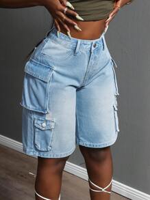 Slaydiva Women's Denim Shorts With Pockets, Fashionable For Summer - Blue - View 1