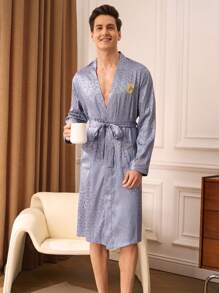 Manfinity Underwear&Sleepwear Basics Men Letter & Leopard Print Jacquard Long Sleeve Robe - Baby Blue - View 4