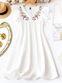 SHEIN PETITE CURVE Đầm hè cỡ lớn màu trắng thêu họa tiết, cổ tròn, không tay, viền bèo nhún, thanh lịch - trắng - Xem 1