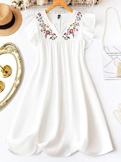 SHEIN LUNE Vestido casual con escote en V, mangas con volantes y estampado floral, para mujer talla grande, adecuado para uso cotidiano, primavera/verano/otoño