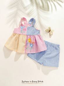 Cozy Pixies 女婴两件套，花卉印花撞色吊带背心和松紧腰短裤 - 彩色 - 查看 3