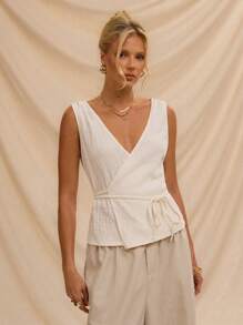 Avantive 白色纹理不对称系带无袖上衣，适合女士度假和休闲装夏威夷女装白色女装便宜衣服 - 白色 - 查看 3