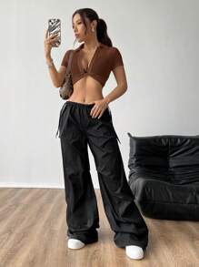 SHEIN EZwear Women's Twist Sheer Shirt, Fashion Design Suitable For Summer - Coffee Brown - View 6