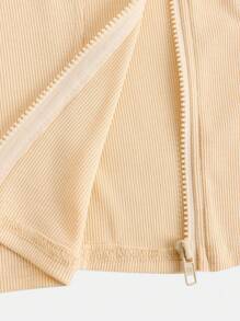 SHEIN Teen Girl Y2K Style Zipper Plain Apricot Thumb Hole Ribbed Slim Fit Stand Collar Jacket - Apricot - View 7