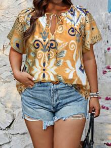 SHEIN LUNE Plus Size Women's Abstract Geometric Pattern Printed Woven Blouse Western Wear