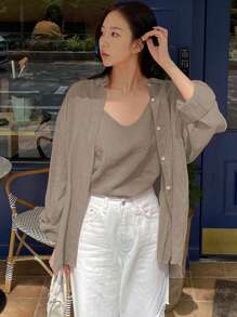 DAZY 2 件套女士纯色细肩带长袖衬衫亮橙色春夏秋季女士夏季衬衫 - 棕色 - 查看 5