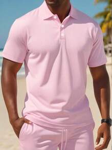 Manfinity Dauomo 男士夏季純色休閒短袖Polo衫和束腰短褲組 - 淺粉色 - 查看 3