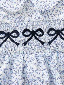 Newborn Baby Girls' Ditsy Floral Ruffled Collar Bodysuit, Practical For Summer Wear With Bow Embroidered Decor For A More Refined Look - Multicolor - View 3