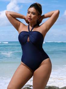 Swim Lushoire Elegant Plus Size Women Solid Color Ruched Halter One-Piece Swimsuit, Vacation For Summer - Navy Blue - View 5
