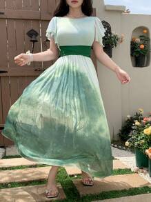 DAZY Summer Square Neck Holiday Casual Color Block Tie Dye Vintage Oil Painting Bohemian Style Print Ruffle Hem Midi Dress For Women,Teacher Outfits