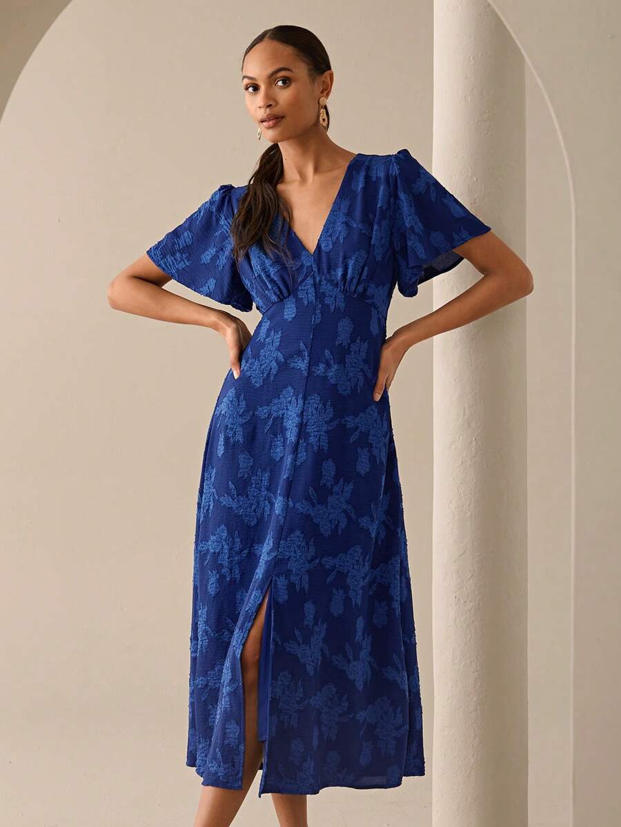 Lilora Váy midi tay bèo cổ chữ V họa tiết hoa jacquard dành cho nữ, thanh lịch mùa xuân/hè - Màu xanh hải quân - Xem 1