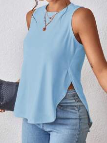 Chiquease Áo ba lỗ không tay màu trơn thời trang dành cho nữ, phù hợp cho mùa hè - Màu xanh nhạt - Xem 3