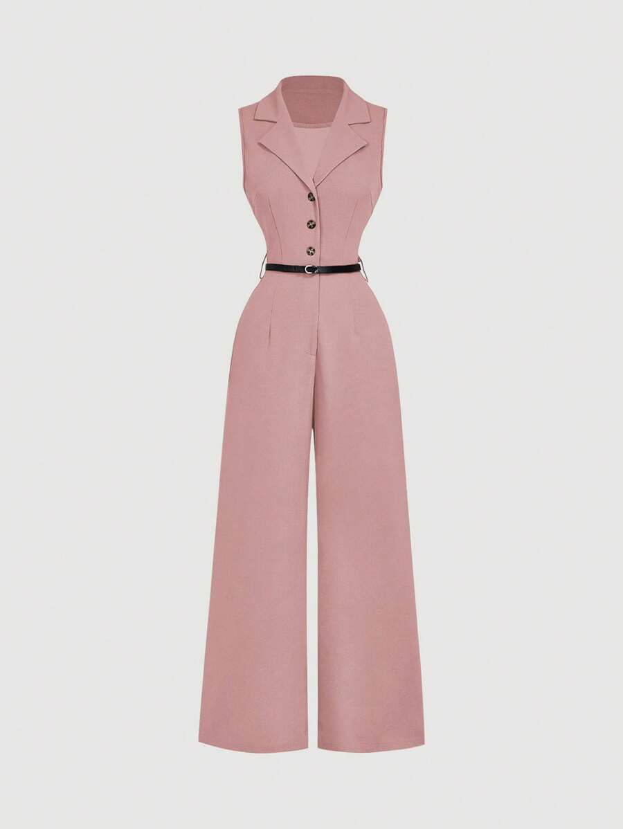 SHEIN MOD 复古粉色连体裤，配西装领和腰带，优雅连体裤，外出连体裤，西部连体裤，假日服装 - 粉色 - 查看 1