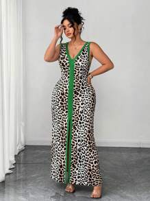 Elenzga Plus Size Leopard Print Sleeveless Deep V-Neck Low Waist Bodycon Asymmetric Collar Dress Women Dresses Birthday Women Casual Dress Women S Clothes Woman S Summer Clothes Women Summer Clothing - Multicolor - View 5