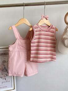 SHEIN Playful Pals 女婴休闲可爱樱桃水果图案刺绣华夫格衬衫上衣和牛仔裤两件套，2024 秋冬 - 粉色 - 查看 10