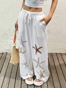 SHEIN EZwear Women's Drawstring Waist Pocket Starfish Print Loose Wide Leg Sweatpants Graduation,Back To School Outfits,Graduation,Teacher Outfits For Women,Back To School - White - View 1