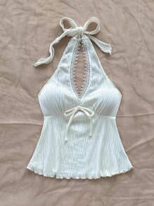 Soleia 女士度假针织波浪纹理提花 V 领蕾丝花边腰带 A 字上衣，适合派对、约会、下午茶、海滩、夏季 - 米色 - 查看 6