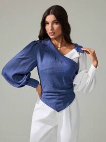SHEIN Tall Women's Autumn Color Block Ruched Asymmetric Hem Fashion Long Sleeve Blouse, Tall Women - Blue and White - View 4