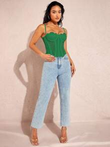 Silquee Ladies' Slim Fit Lace Contrast Mesh Camisole Top,Fall/Autumn - Green - View 3