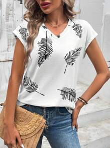 EMERY ROSE 休闲简约树叶图案女式T恤，适合夏季穿着，夏季上衣，夏季女装，图案T恤，露脐上衣，外出上衣 - 白色 - 查看 4