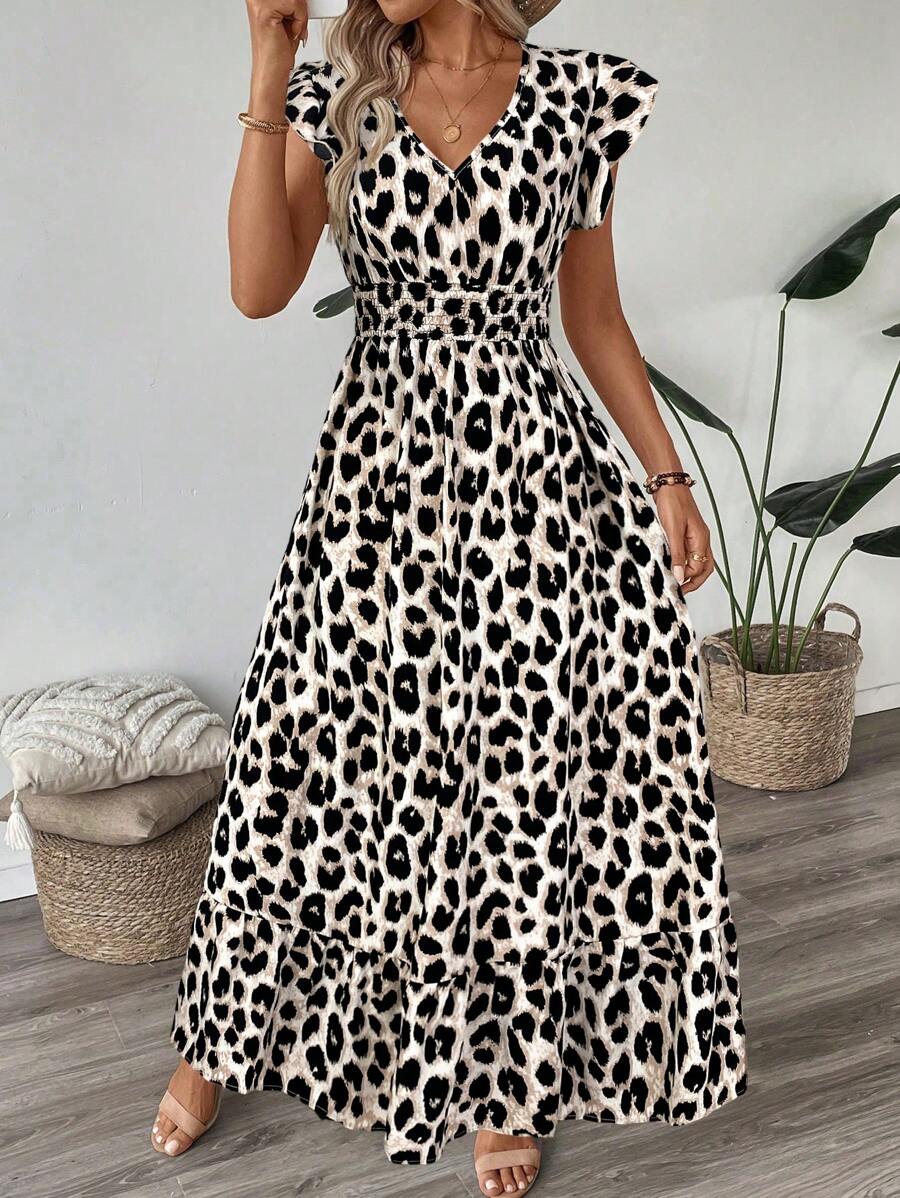 SHEIN LUNE V-Neck Cap Sleeve Waist Gathering Ruffled Hem A-Line Midi Dress, Casual Leopard Print, Elegant For Vacation Or Outdoor Wear Leopard Dress,Sun Dresses For Women,Shirt Dresses For Women - Apricot - View 1