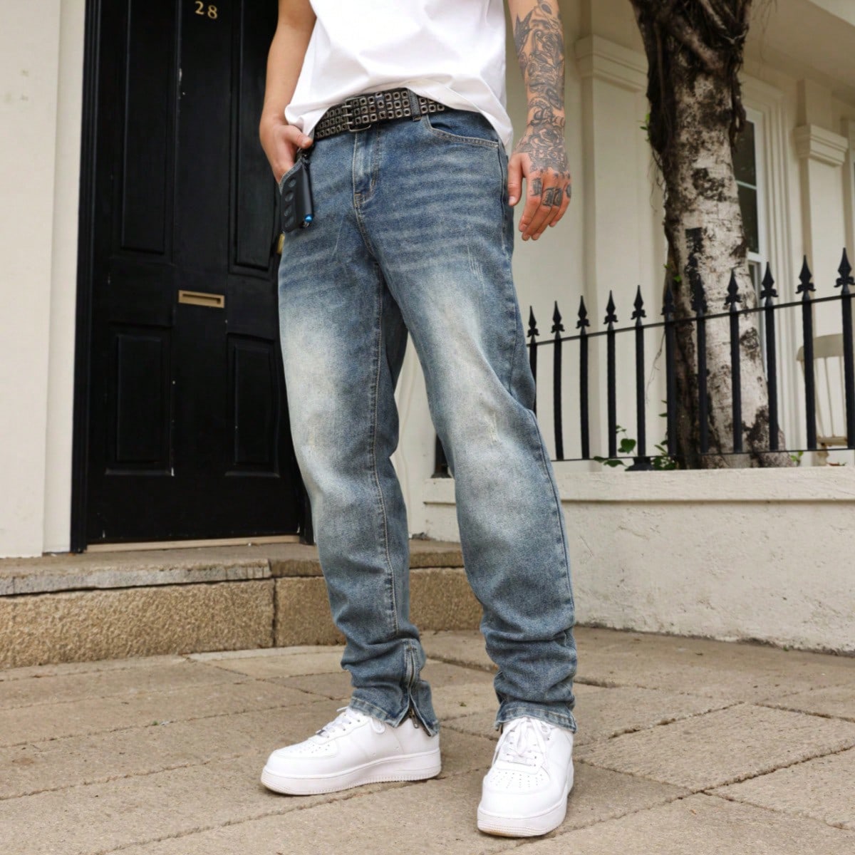 Jeans informales con pierna entapada y lavado para hombres