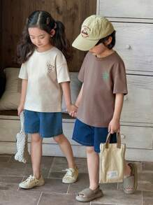 2 pièces/set T-shirt ample et imprimé de lettres avec shorts en jean de style coréen. Tenue d'été mode et décontractée pour les filles - Nude - Voir 7