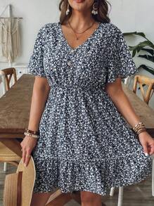 SHEIN VCAY 大码V领休闲短袖连衣裙，夏季时尚