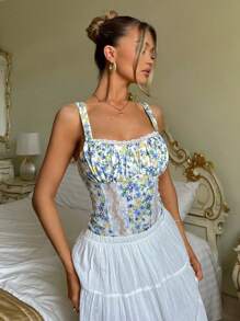 Glamine Charm Sexy Romantic Floral Print Contrast Lace Ruched Camisole Bodysuit - Multicolor - View 3