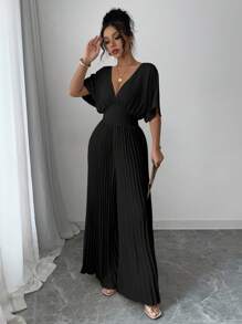 SHEIN PETITE 1 件纯色深 V 领蝙蝠袖褶皱优雅女式连体裤 - 黑色 - 查看 3