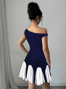 Firerie Váy ren bất đối xứng thanh lịch cho nữ màu tương phản, thích hợp cho ngày lễ tình nhân - Màu xanh hải quân - Xem 2