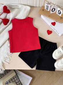 SHEIN 2Pcs Baby Boy Casual "Mom + Dad = Me" Letter Print Top And Black Comfortable Shorts Outfit, Suitable For Daily Wear And Mother's Day, Summer, Kid Clothes, Toddler Clothes, Baby Outfit, Infant Baby Boys Outfits, Toddler Tank Top, Toddler Short, Baby Set, 6M-3T - Red - View 2