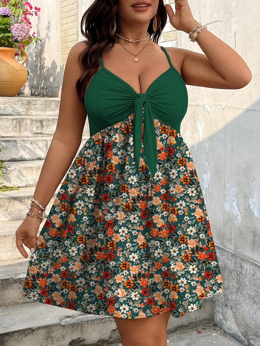 SHEIN VCAY Váy hở vai in họa tiết hoa cỡ lớn - màu xanh lá - Xem 1