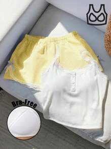 Comfortcana Setelan Dua Potong Wanita untuk Pemakaian Sehari-hari Warna Putih Kuning - Kuning - View 4