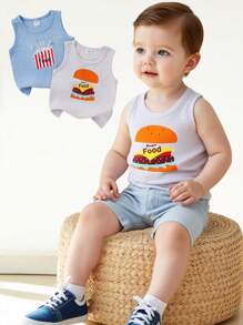 SHEIN Playful Pals 2pcs/Set Baby Boys Casual Food Graphics Print Round Neck Sleeveless T-Shirt Vest Tops, Versatile Cute Comfortable, Suitable For Summer Outings And Daily Wear