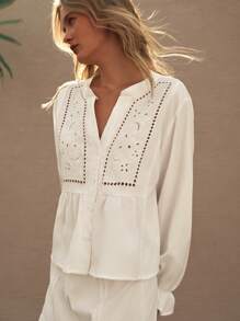 Lumivelle 女士度假扎染刺绣长袖宽松纽扣衬衫 - 白色 - 查看 6