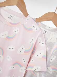 2 Pcs Girls Rainbow Cloud Cute Simple Colorful Rainbow Print Short Sleeve Nightgown Pajama Set, Casual Loungewear For Tween Girls - Baby Pink - View 3