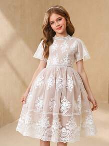 少女优雅花卉刺绣网眼夏装 - 米色 - 查看 7