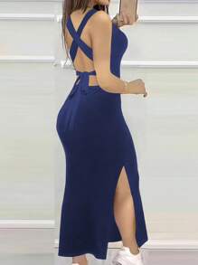 INAWLY Đầm bodycon hở lưng cổ chữ V gợi cảm xẻ đùi dây chéo - Xanh đậm - Xem 2