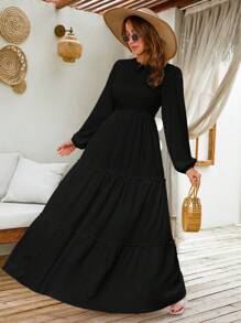 EURMUSE LANTERN LONG SLEEVE LAYERED LONG DRESS - Black - View 5