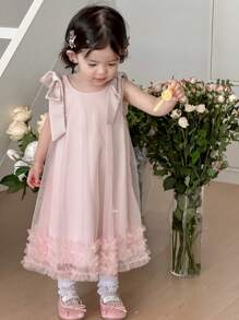 DAZY Baby Girl Bowknot Bandage Mesh Summer Elegant Sleeveless Dress - Dusty Pink - View 7