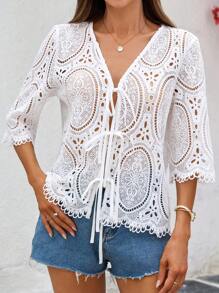 SHEIN Clasi Áo kiểu nữ mùa hè thêu ren lãng mạn, áo xuyên thấu thêu, áo đi nghỉ mát, phong cách Boho. - trắng - Xem 1