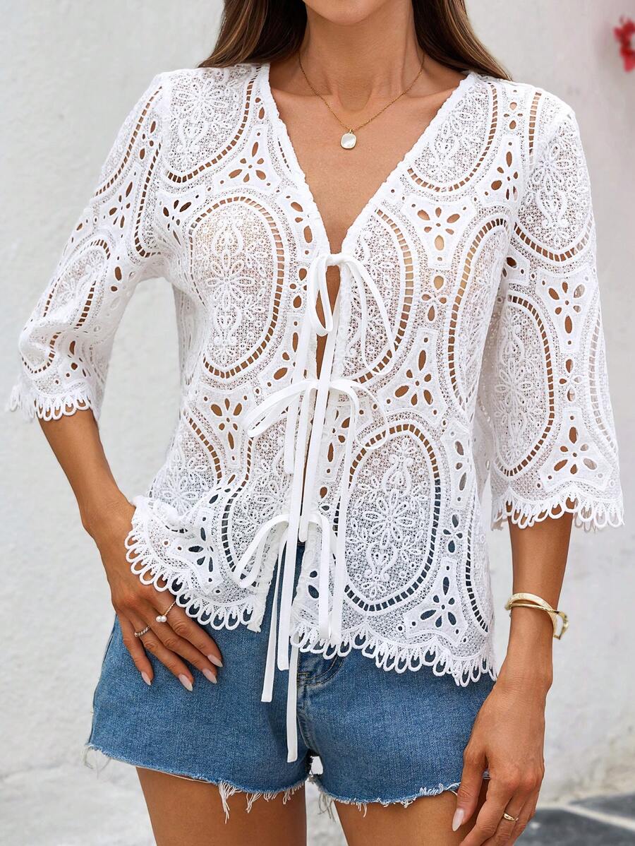 SHEIN Clasi Áo kiểu nữ mùa hè thêu ren lãng mạn, áo xuyên thấu thêu, áo đi nghỉ mát, phong cách Boho. - trắng - Xem 1