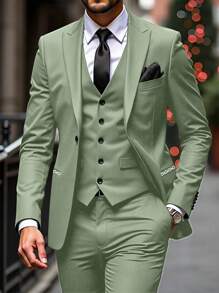 Conjunto de traje casual de chaqueta y pantalones de unicolor con cuello de solapa y manga larga para hombre - Verde - Ver 1