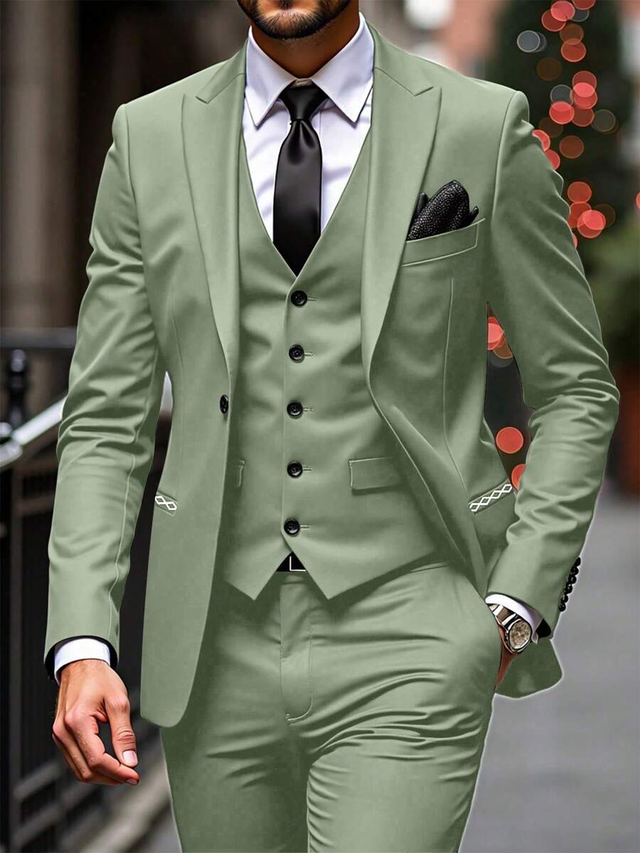 Conjunto de traje casual de chaqueta y pantalones de unicolor con cuello de solapa y manga larga para hombre - Verde - Ver 1