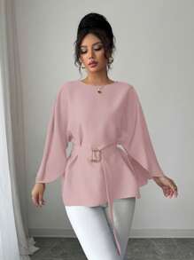 Selianne 女式春夏法式圆领蝙蝠袖系腰缎面衬衫，红色 - 粉色 - 查看 4