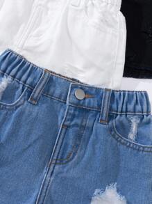 3pcs Casual Young Girls Denim Shorts Set, Distressed Washed Jeans, Versatile Style - Multicolor - View 4