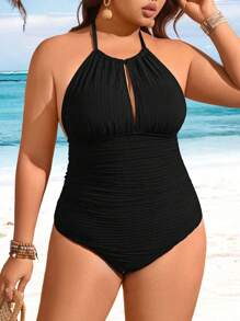 SHEIN Swim 大码纯色纹理面料露背吊带连体泳衣 - 黑色 - 查看 4