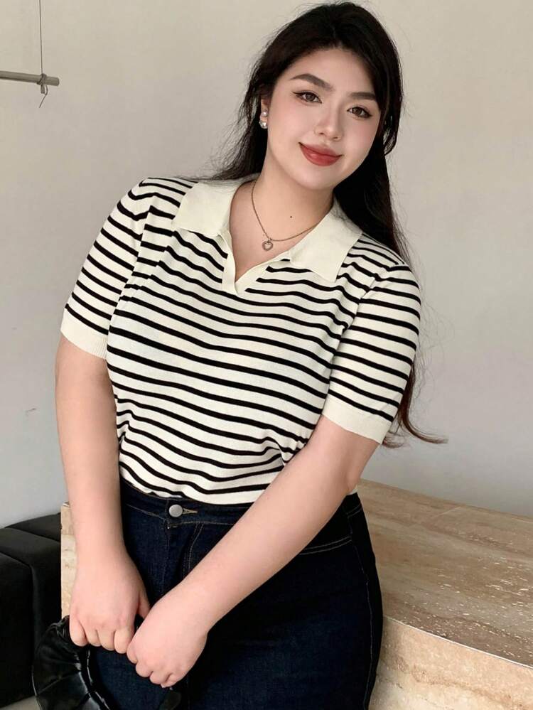 Dazy Plus Plus Size Loose Striped Collar Patchwork Casual Short Sleeve Knitted Top, Summer