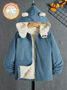 SHEIN 男童毛絨內裡連帽寬鬆舒適外套,適用於冬季 - 藍色 - 查看 1